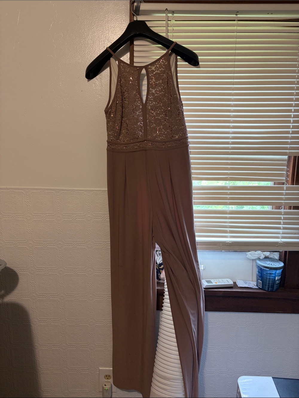 Night Way Collections Taupe Sequin Halter Jumpsuit